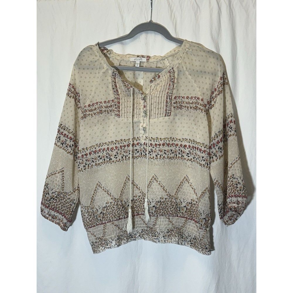 Delia's Cream Sheer Blouse With Floral Detail Size Medium E25